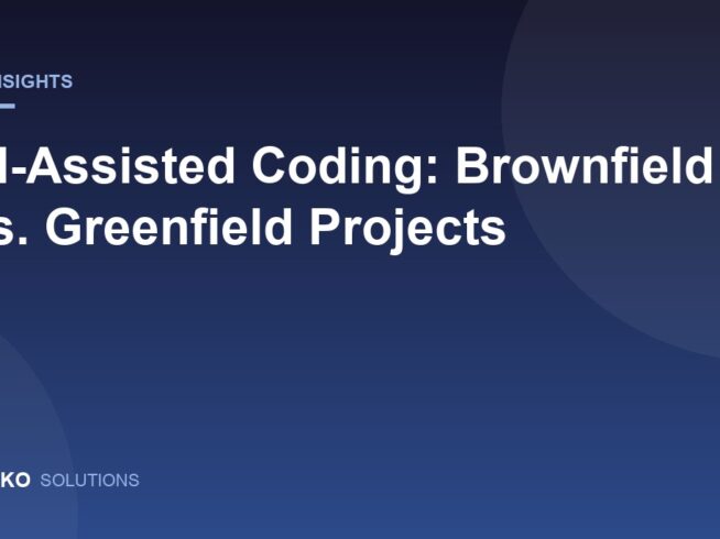 Illustration for the Sazko Solutions article on AI-assisted coding in brownfield versus greenfield software projects